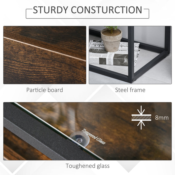 Entryway Console Table Desk with Drawers, Toughened Glass Shelf, 3D Wood Grain
