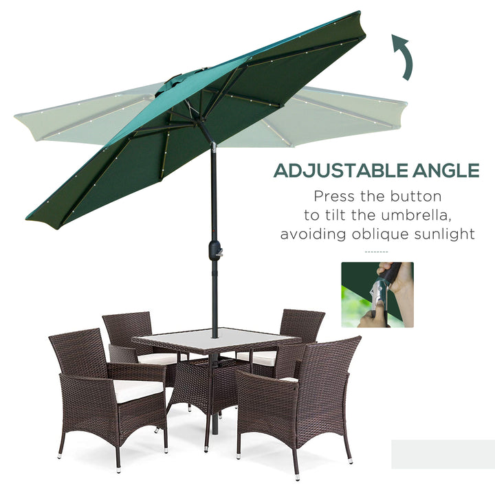 Outsunny 2.7m Garden Parasol, Patio LED Umbrella with Push Button Tilt/Crank 8 Rib Sun Shade for Outdoor Table Market Umbrella Green