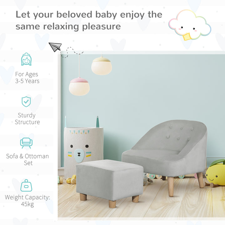 Toddler Chair, 2pcs Kids Sofa Set, Sofa &amp; Ottoman for Bedroom, Playroom, Boys and Girls, 3-5 years old, Grey