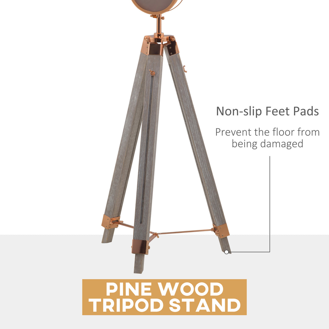 Industrial Tripod Floor Lamp, Nautical Searchlight with Adjustable Height, Wood Legs, E12 Lamp Base for Living, Bedroom, Grey and Rose Gold