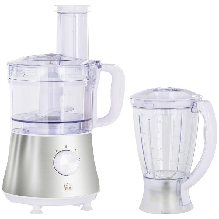 Food Processor with 1L Bowl, 1.5L Blender, Knife Blades, Reversible Slicing and Grating Discs, Adjustable Speed and Pulse, 500W