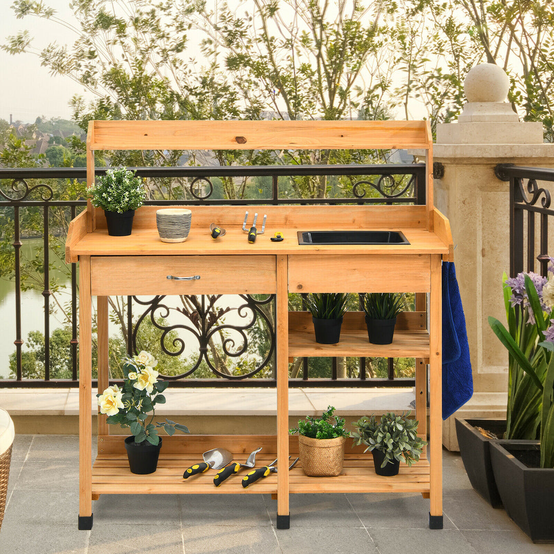 Wooden Garden Plant Workstation with Sink & Hook