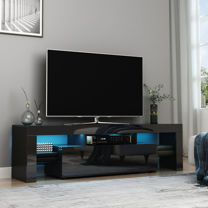 High Gloss TV Stand Cabinet with LED RGB Lights and Remote Control for TVs up to 65", Media TV Console Table with Storage Compartment, Black