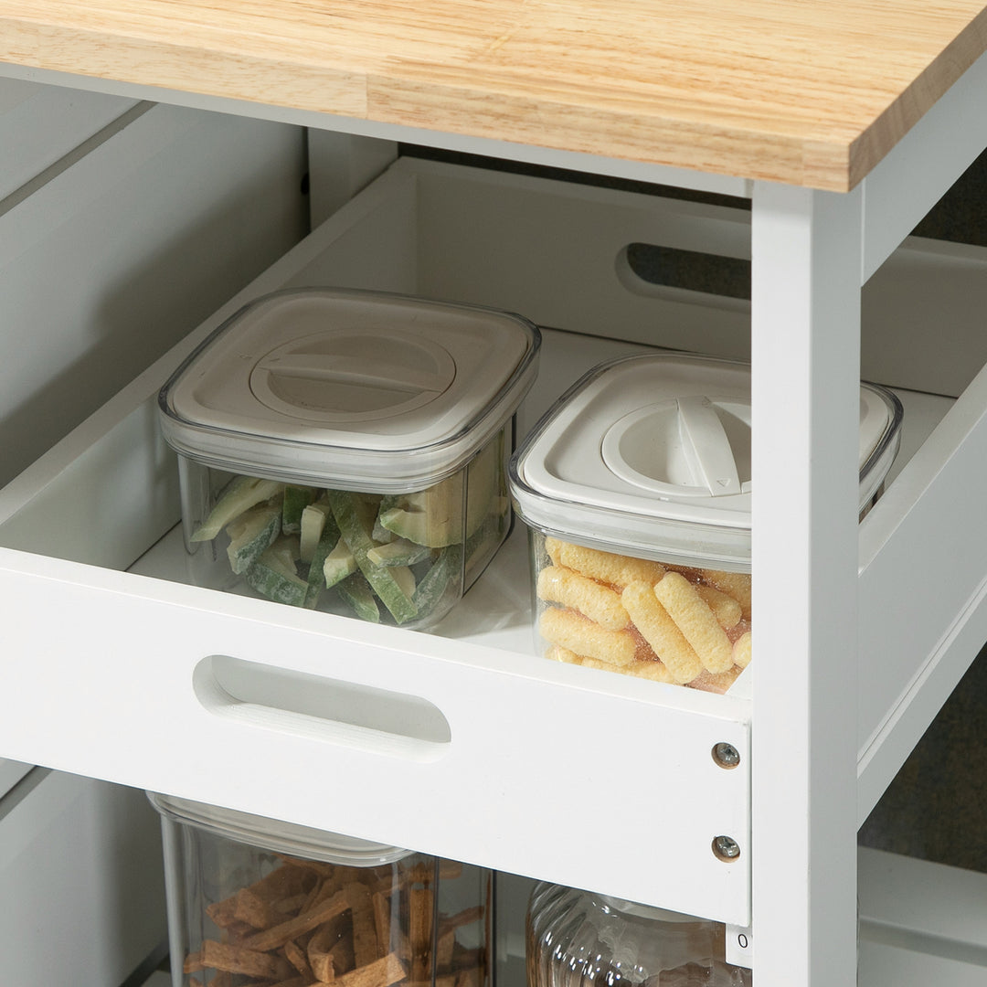 Rolling Kitchen Island Cart, Bar Serving Cart, Compact Trolley on Wheels with Wood Top, Shelves &amp; Drawers for Home Dining Area, White