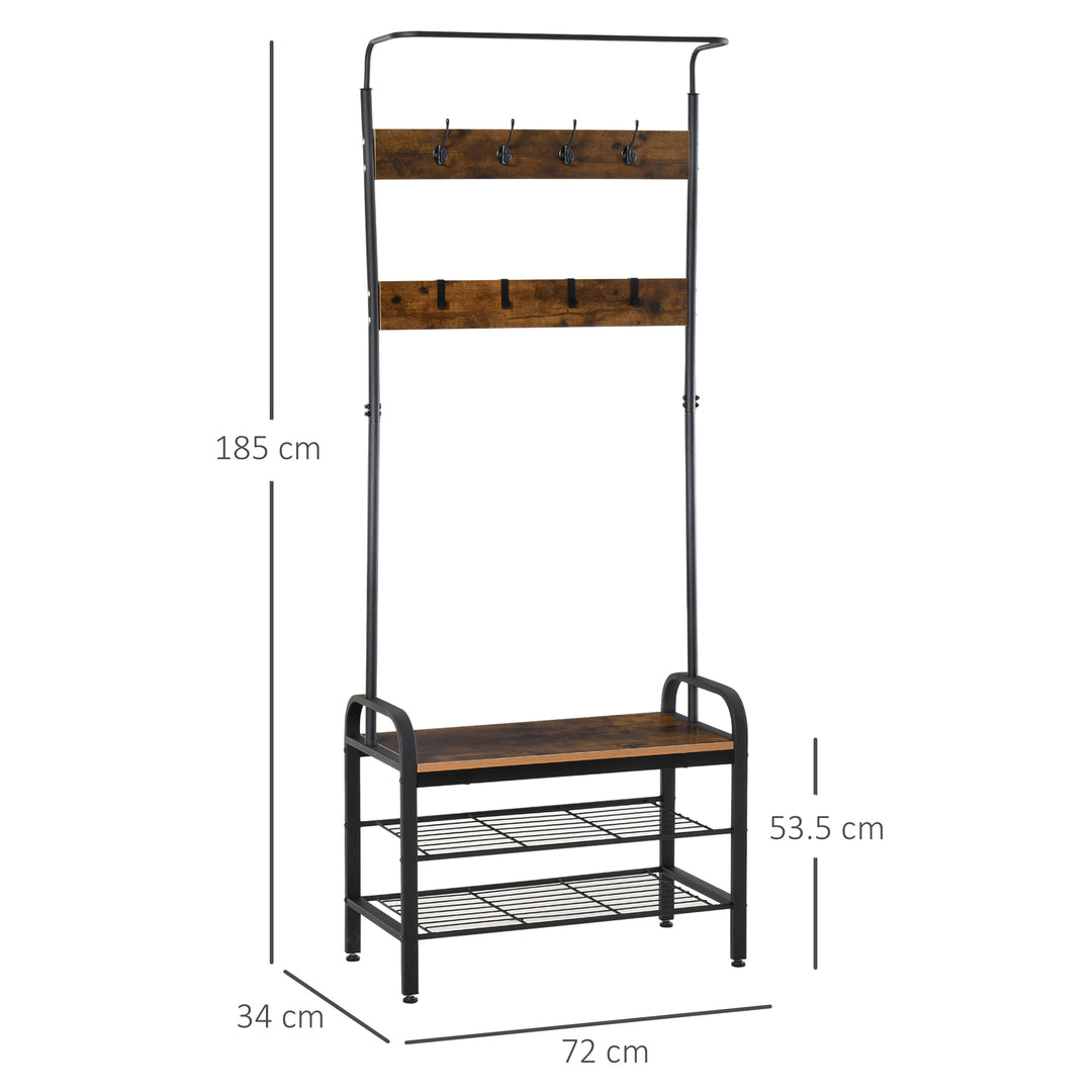 Coat Rack Stand Industrial hallway Shoe Rack Removable Hooks Metal Wood Hangers Storage Cabinet Rustic Brown 72L×34W×185H(cm)