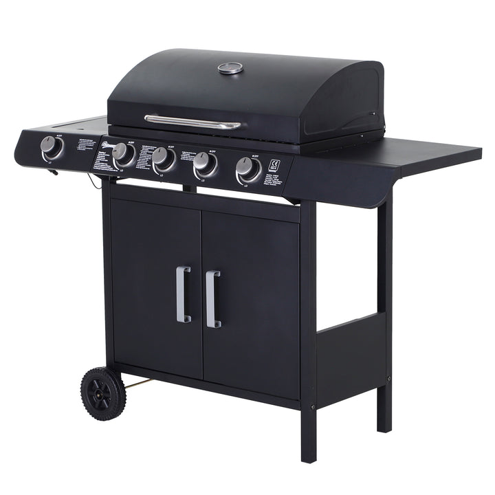 4+1 Gas Burner Grill BBQ Trolley Backyard Garden Smoker Side Burner Barbecue w/ Storage Side Table Wheels