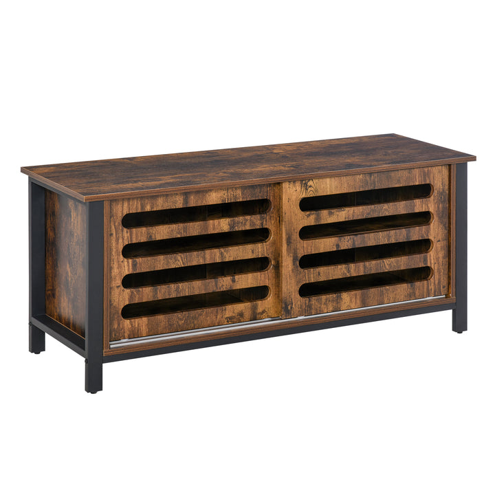 Industrial TV Stand for TVs up to 50 Inches, TV Cabinet with Sliding Doors, Storage Shelves, Cable hole for Living Room Bedroom, Rustic Brown