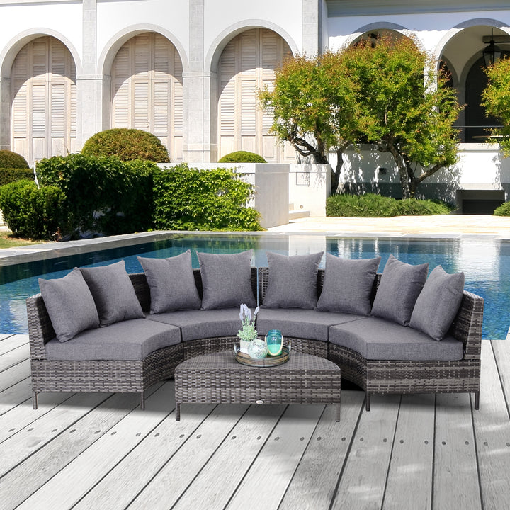 Outsunny Rattan Garden Furniture 4 Seaters Half-round Patio Outdoor Sofa & Table Set Wicker Weave Conservatory Cushioned Seat with Pillow - Grey