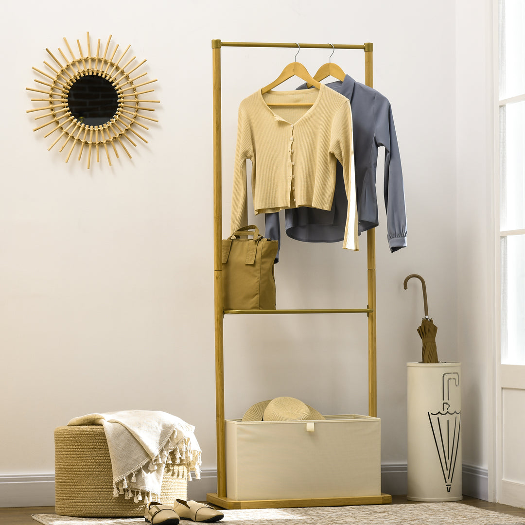 Clothes Rail, Bamboo Coat Stand, Garment Rack with Open Shelves and Fabric Storage Box for Bedroom, Hallway, Natural