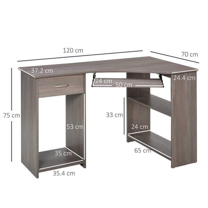 HOMCOM L-Shaped Corner Computer Desk w/ 2 Shelves Wide Worktop Keyboard Tray Drawer & CPU Stand Home Office Study Bedroom Furniture Grey