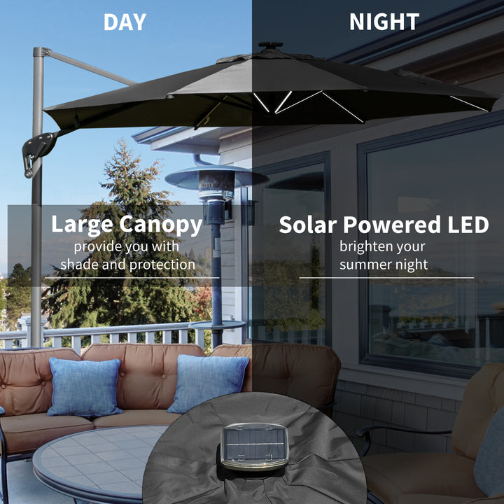 Outsunny 3m Cantilever Roma Parasol Adjustable Garden Sun Umbrella with LED Solar Light, Aluminum Frame, Tilt &amp; Crank, UV50+, Dark Grey