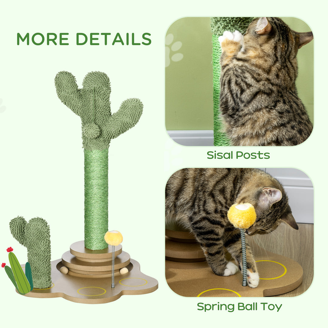 PawHut 60cm Cactus-shaped Cat Tree, Kitty Activity Center with Turntable Interactive Ball Toys, Chenille Cat Tower with Sisal Scratching Post, Green
