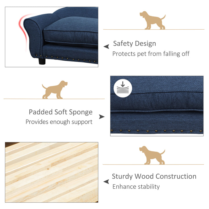 PawHut Dog Sofa for Small Dogs, Pet Chair Couch with Thick Sponge Padded Cushion, Kitten Lounge Bed with Washable Cover, Wooden Frame - Blue