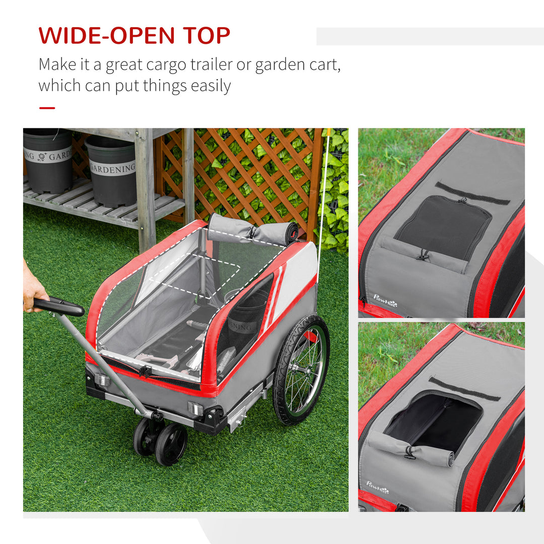 PawHut Dog Bike Trailer Two-In-One Trolley Stroller Cart Bicycle Carrier for Cat Puppy Travel w/ Reflectors Red Flag – Red