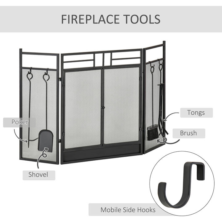 HOMCOM 3 Panel Folding Fire Guard, Steel Fireplace Screen with Double Door and Mesh Design for Open Fire, 122W x 80H cm, Black