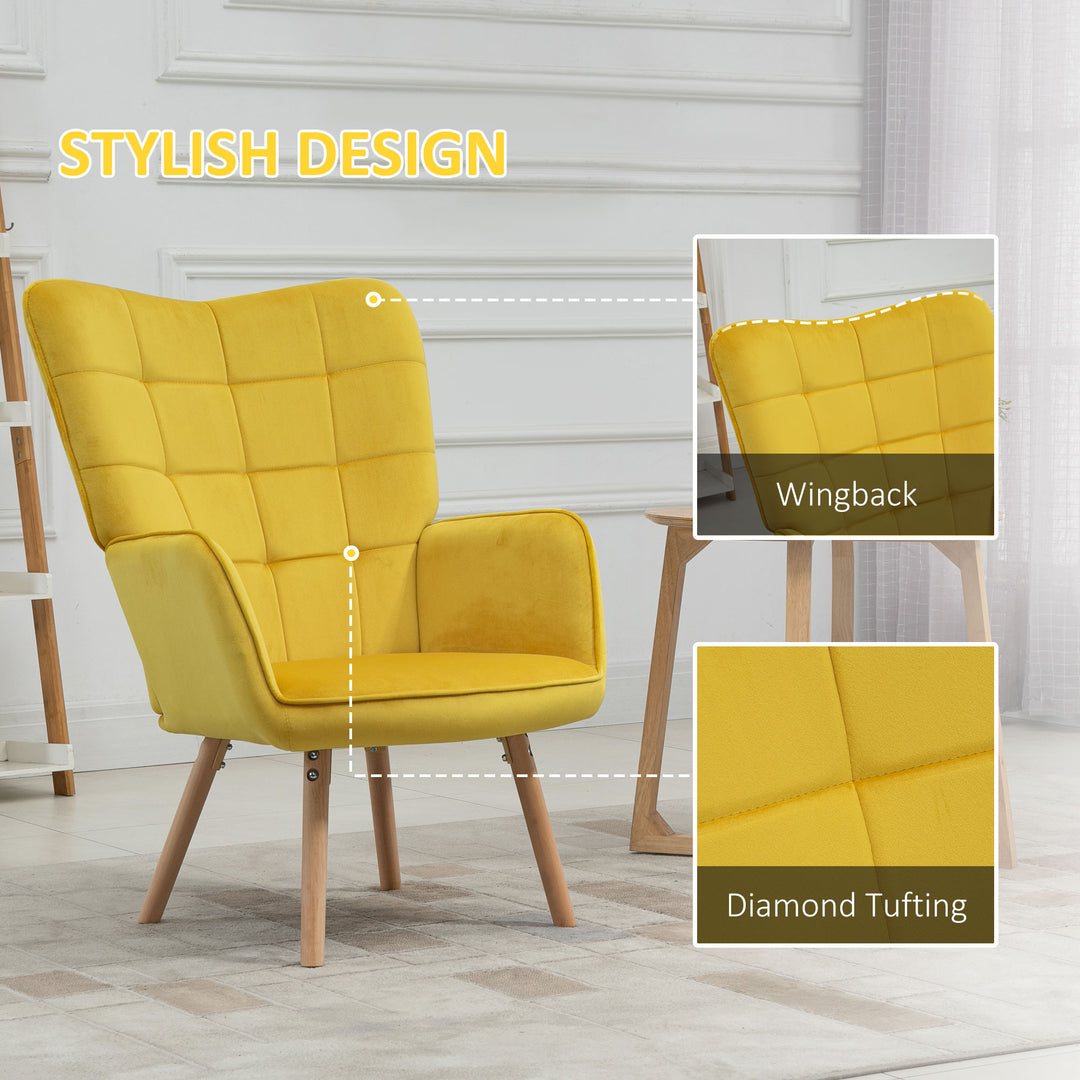 HOMCOM Modern Accent Chair Velvet-Touch Tufted Wingback Armchair Upholstered Leisure Lounge Sofa Club Chair with Wood Legs, Yellow