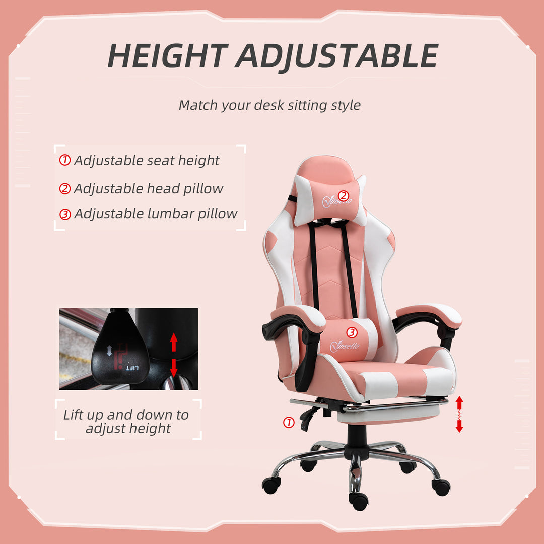 Vinsetto Racing Gaming Chair with Lumbar Support, Head Pillow, Swivel Wheels, High Back Recliner Gamer Desk Chair for Home Office, Pink