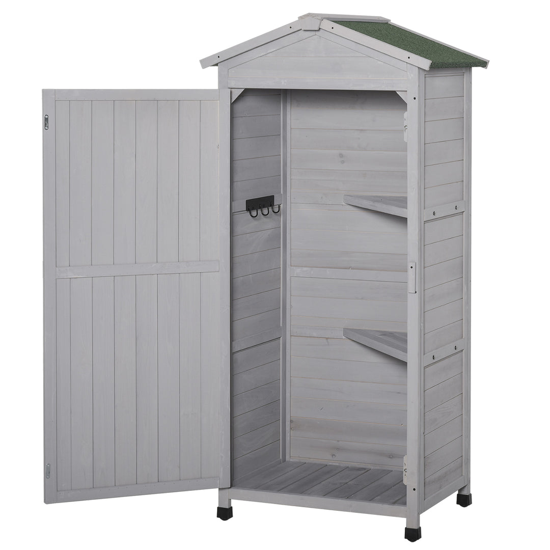 Wooden Garden Cabinet 3-Tier Storage Shed 2 Shelves Lockable Organizer with Hooks Foot Pad 74 x 55 x 155cm Light Grey