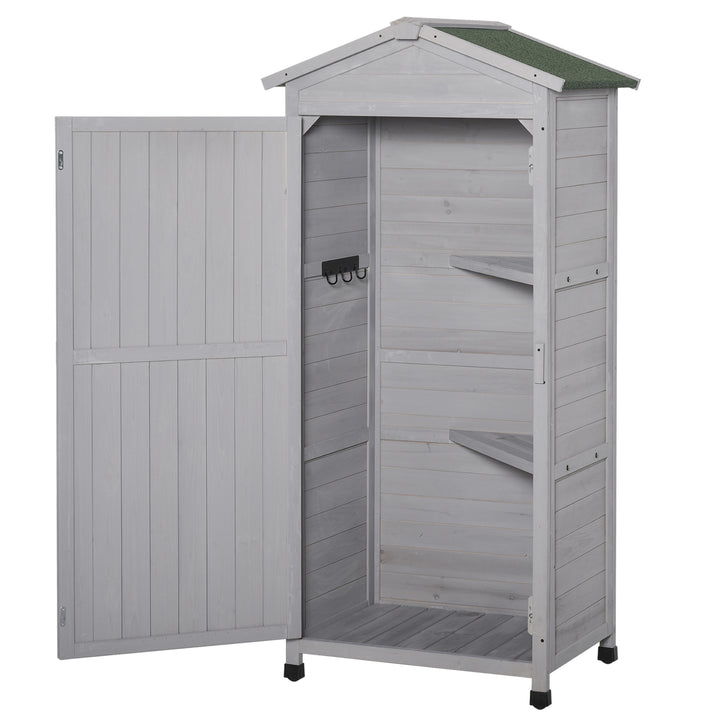 Wooden Garden Cabinet 3-Tier Storage Shed 2 Shelves Lockable Organizer with Hooks Foot Pad 74 x 55 x 155cm Light Grey