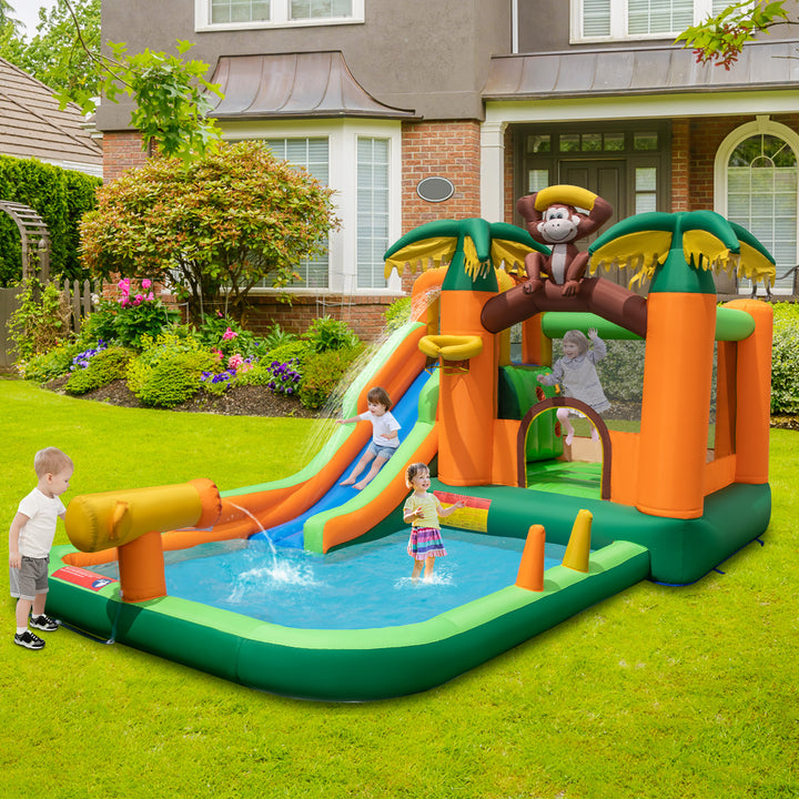 6-in-1 Monkey Themed Inflatable Water Slide Park with Slide and Splash Pool without Blower