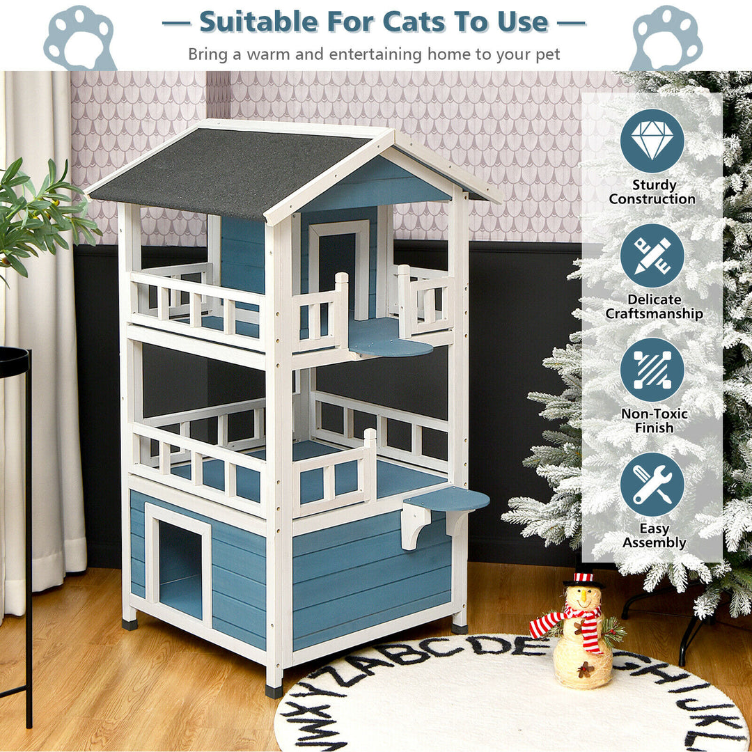 3 Storey Wooden Cat House with Enclosure and Sloping Asphalt Roof