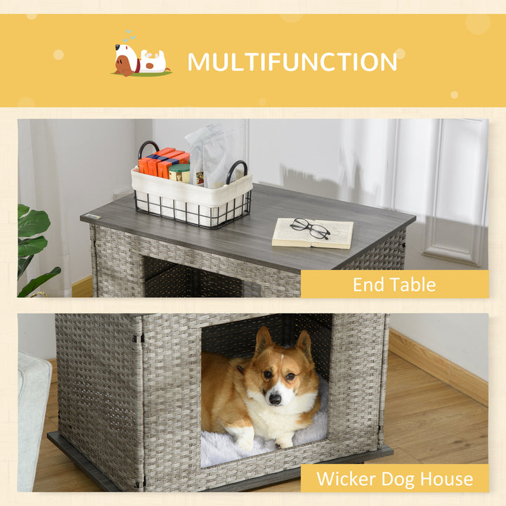 Wicker Dog House, Rattan Pet Bed, End Table Furniture, with Soft Cushion, For small and medium Dogs - Grey