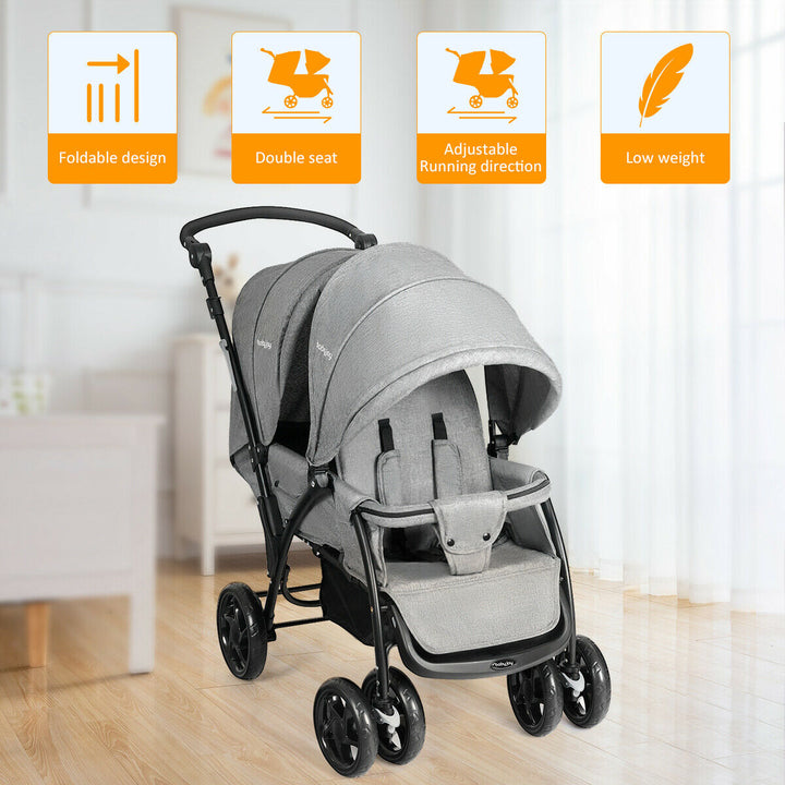 Double Pushchair with Adjustable Backrest and Sunshade-Grey