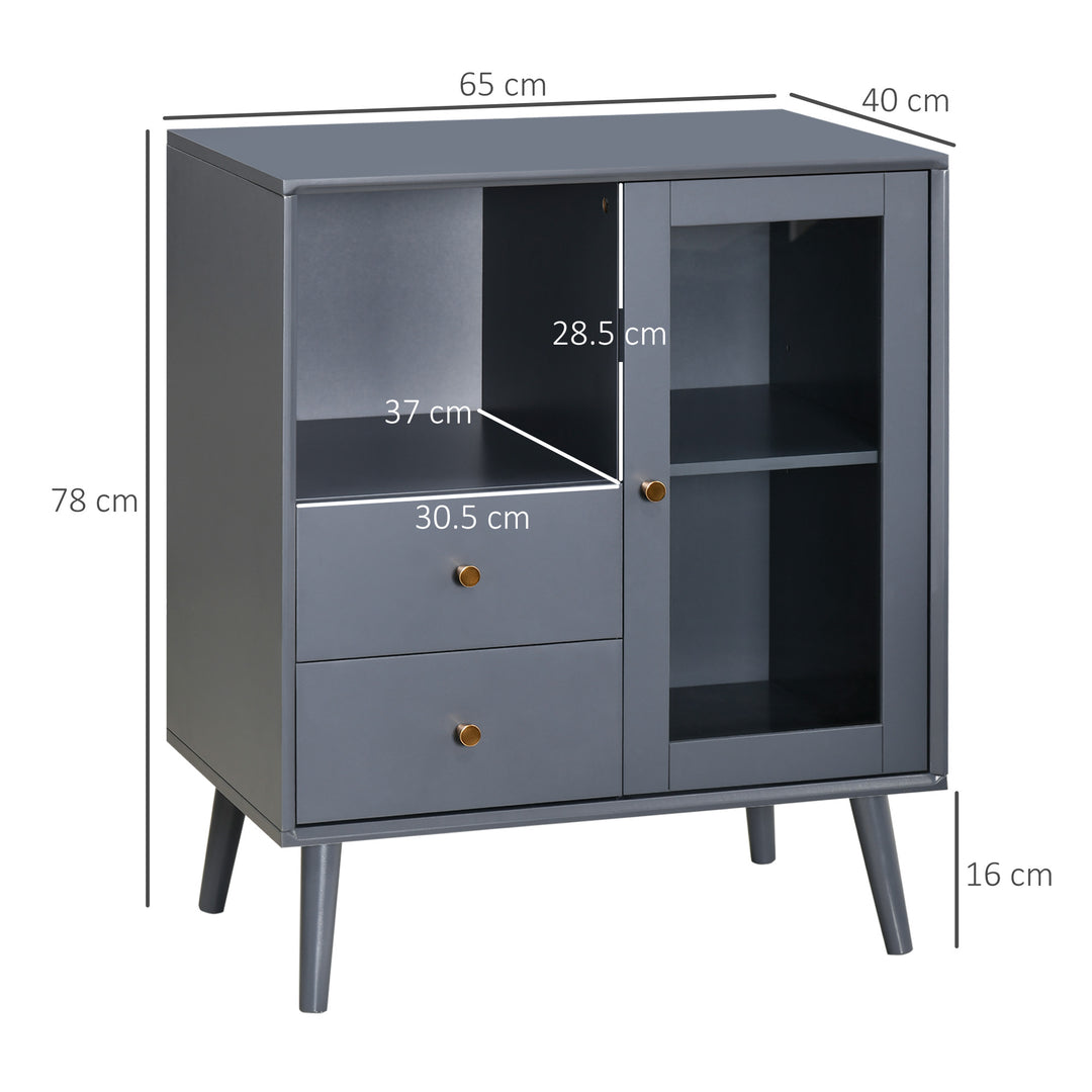 Modern Sideboard, Storage Cabinet with Glass Door Cupboard, 2 Drawers, Bedside Table for Bedroom, Living Room, Grey