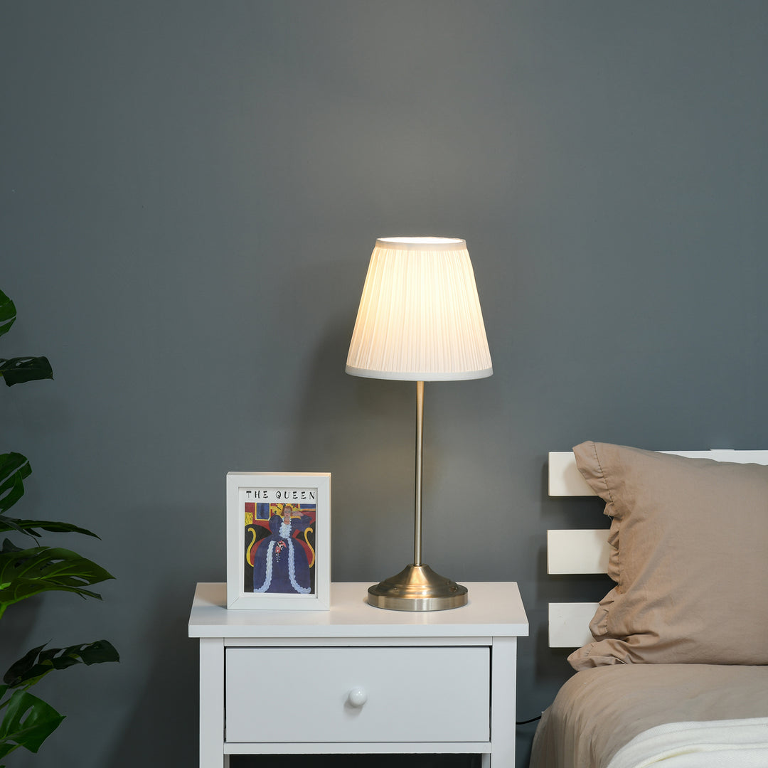 HOMCOM Modern Table Lamp with Pleated Fabric Lampshade and Metal Base, Home Lighting for Living Room, Bedroom, Office, White and Silver