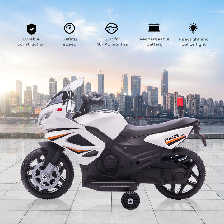 Kids 6V Electric Ride On Motorcycle Police Car Toy for 18 - 36 months White