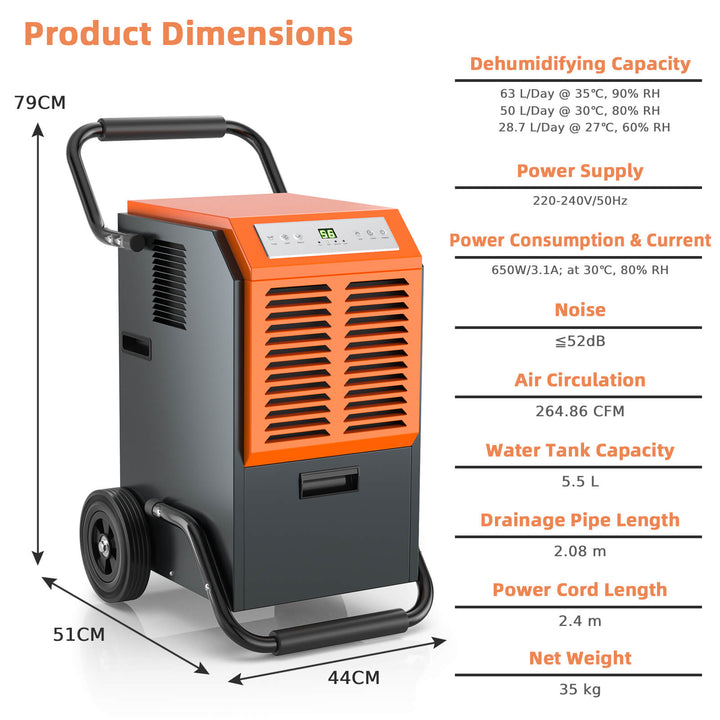 63L Commercial Dehumidifier with 24H Timer and Auto Defrost-Grey
