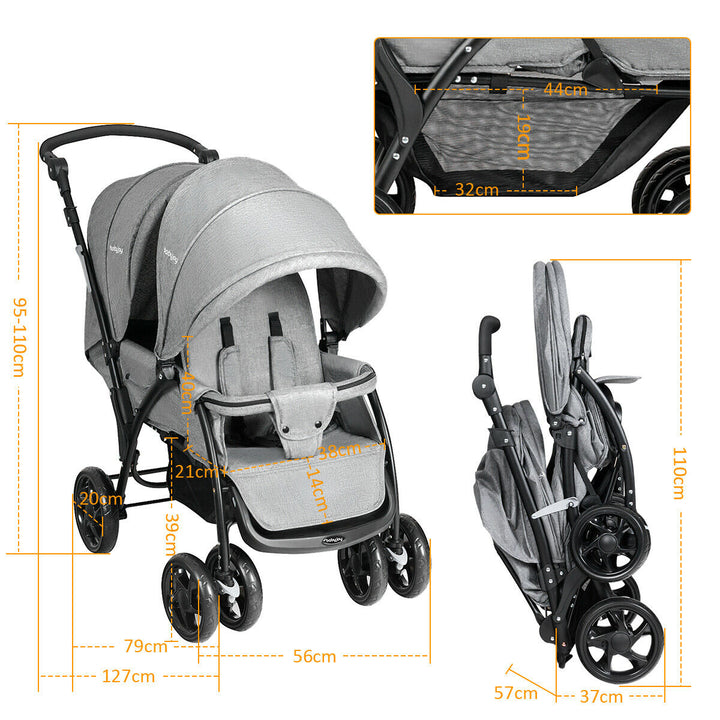 Double Pushchair with Adjustable Backrest and Sunshade-Grey