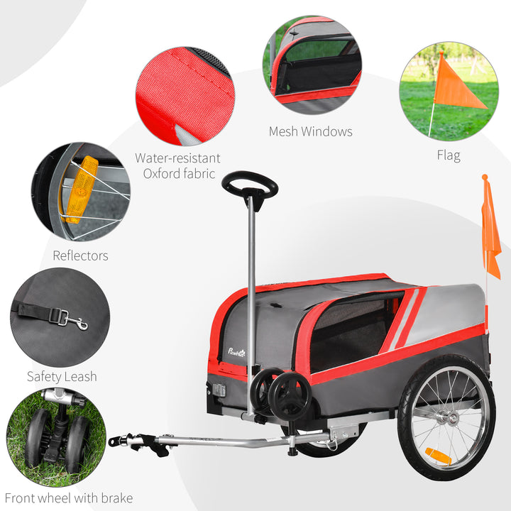 PawHut Dog Bike Trailer Two-In-One Trolley Stroller Cart Bicycle Carrier for Cat Puppy Travel w/ Reflectors Red Flag – Red