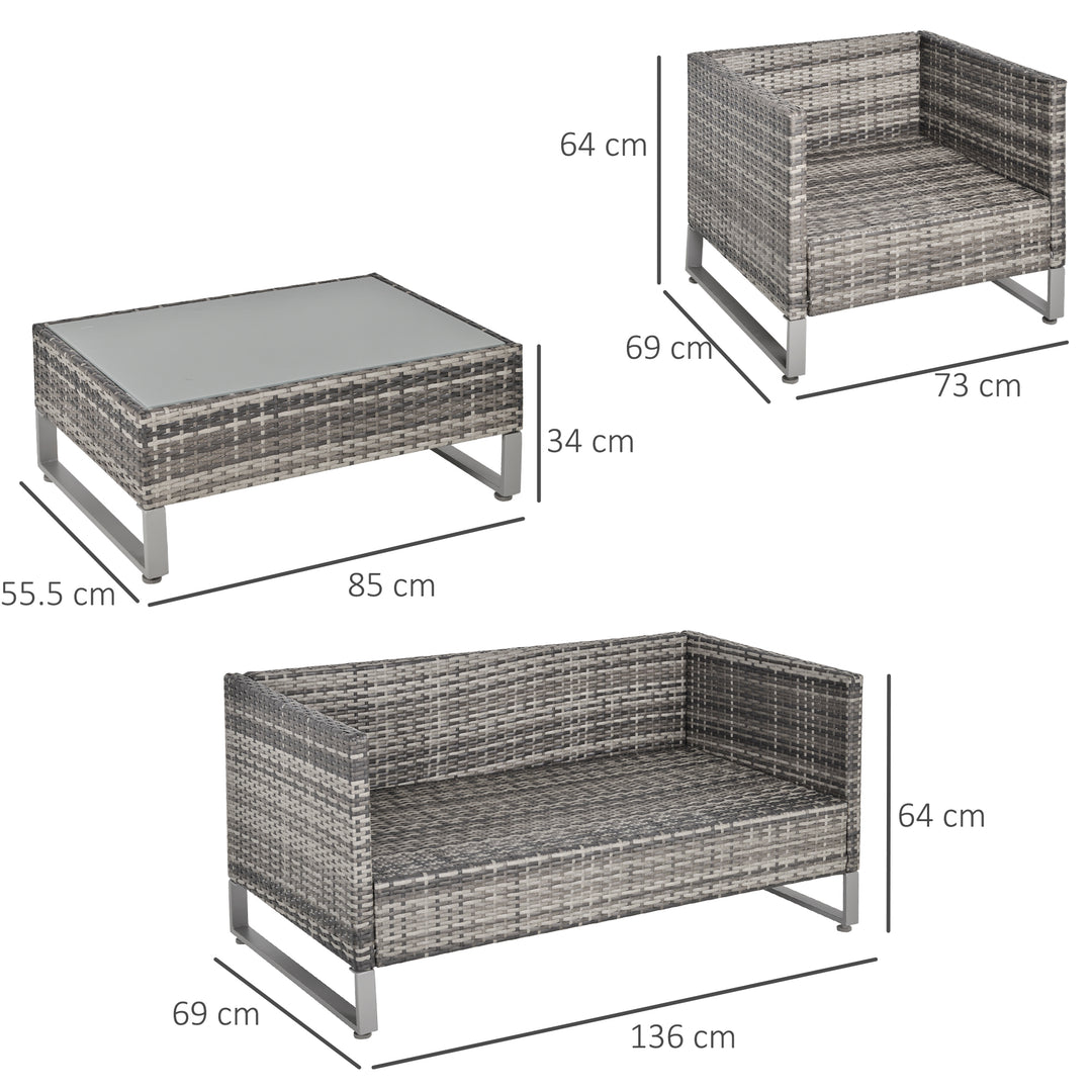 Outsunny 4-Seater PE Rattan Garden Furniture Wicker Dining Set w/ Glass Top Table, Cushions, Deep Grey