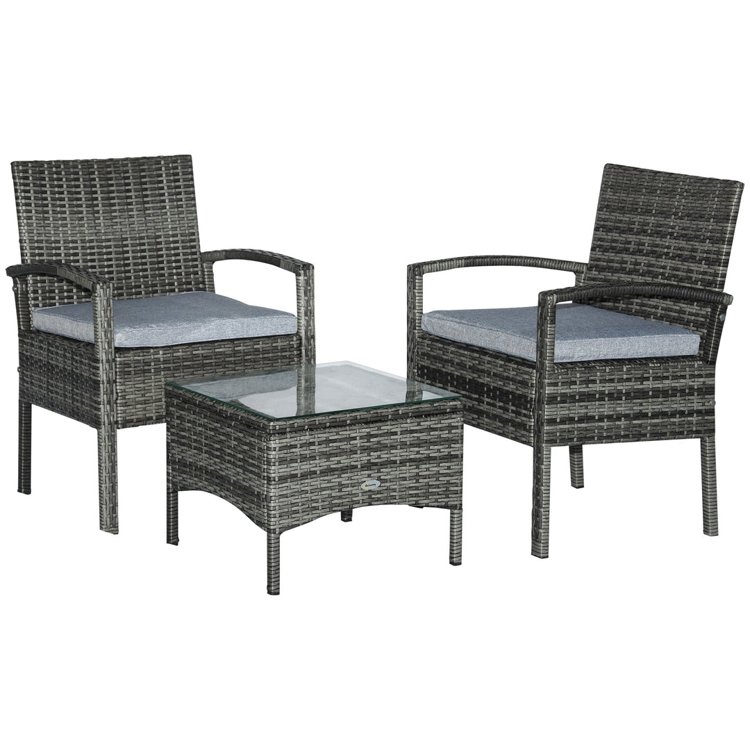 2 Seater Rattan Bistro Set Outdoor Wicker Sofa Chair Coffee Table Set Garden Patio Furniture w/ Cushion - Grey