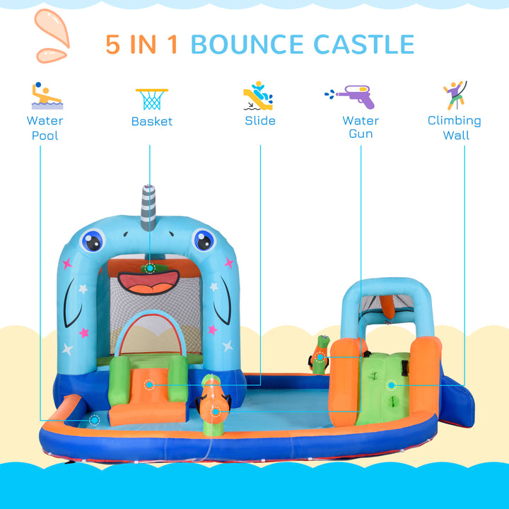 Outsunny 5 in 1 Kids Bounce Castle Narwhals Style Inflatable House with Slide Trampoline Pool Water Gun Climbing Wall with Inflator Carrybag