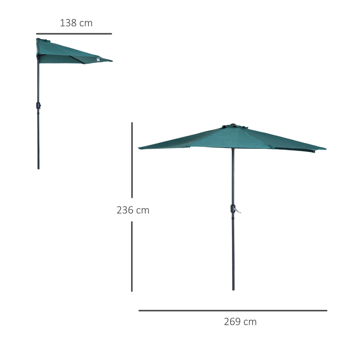 Outsunny 2.7m Balcony Half Parasol 5 Steel Ribs Construction Garden Outdoor Umbrella Green