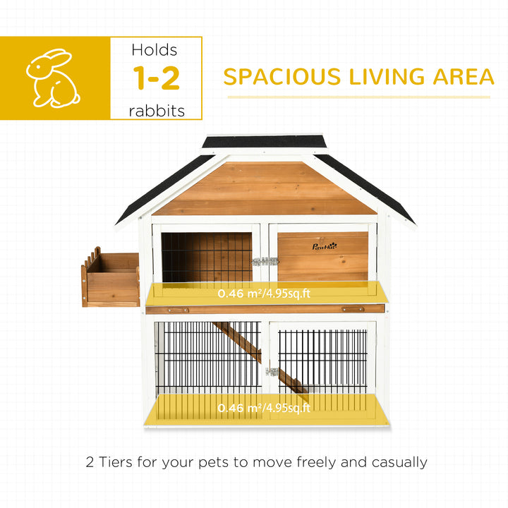 PawHut 2 Tier Wooden Rabbit Hutch, Guinea Pig Cage, Bunny Run, Small Animal House with Plant Box, Slide-out Tray, Ramp, 123 x 58 x 106cm, Natural