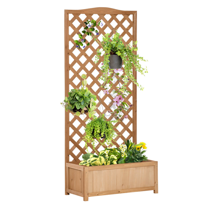 Outsunny Garden Wooden Planter Box with Trellis Free Standing Flower Raised Bed with Lattice for Climbing Plants, 76cm x 36cm x 170cm, Brown