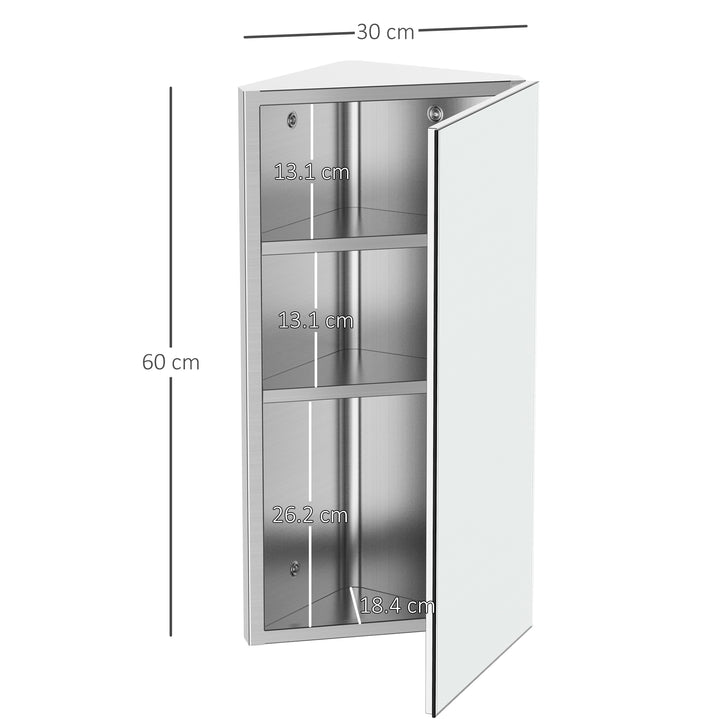 Bathroom Mirror Storage Cabinet Corner Stainless Steel Wall mounted Single Door 300mm (W)