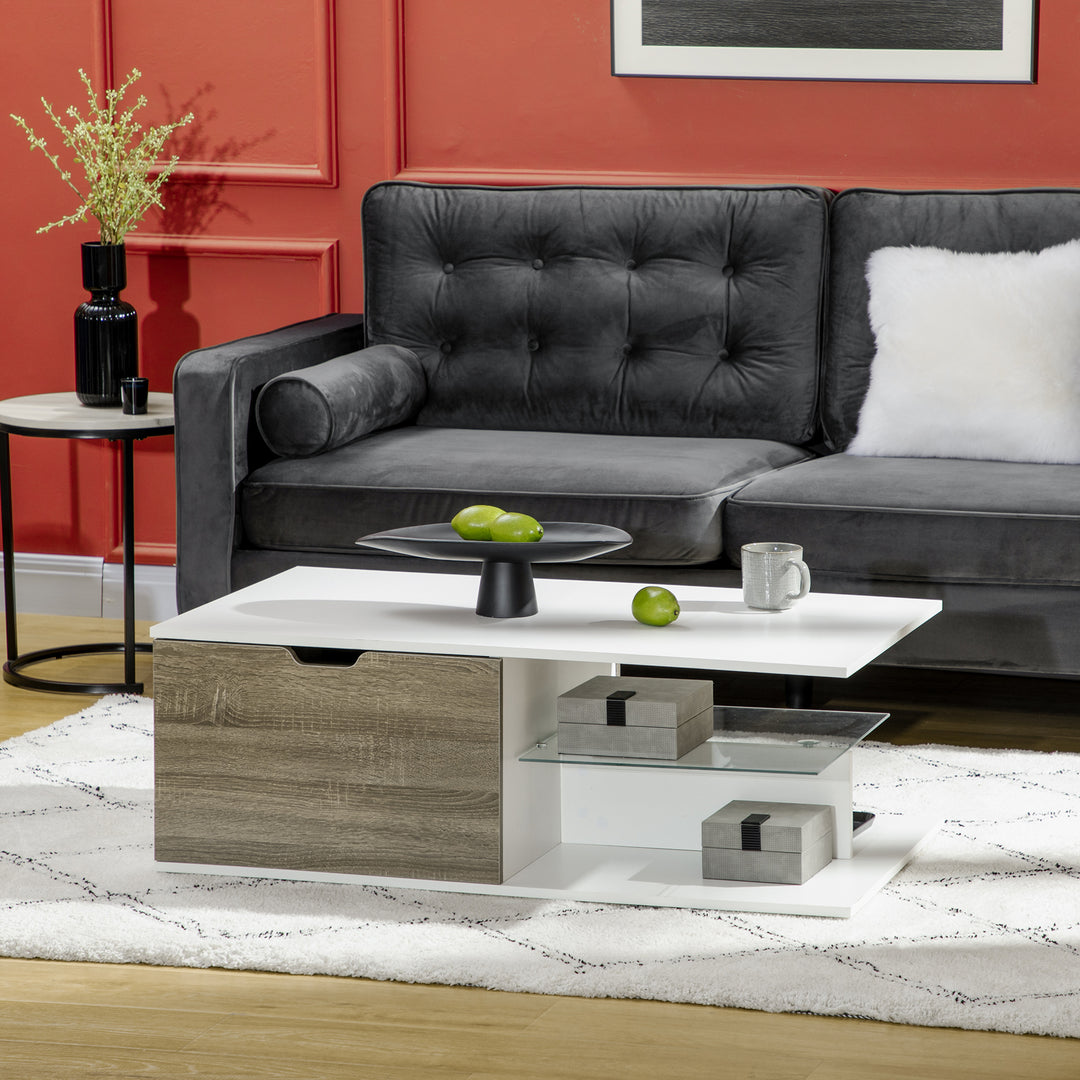 Coffee Table, Modern Tea Table with Tempered Glass Shelves, and Two Drawers, Coffee Tables for Living Room, Bed Room, White