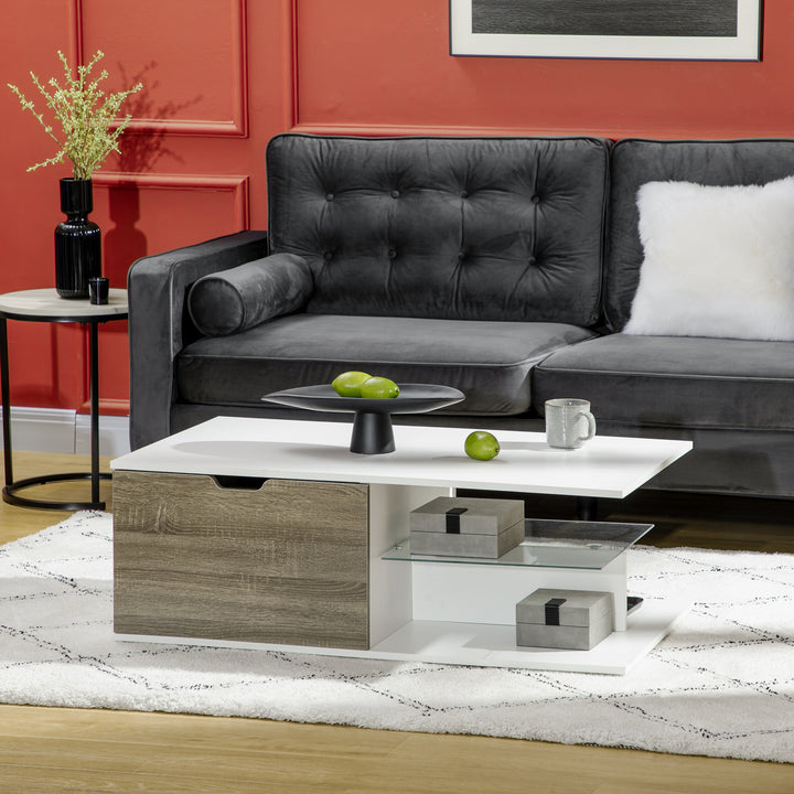Coffee Table, Modern Tea Table with Tempered Glass Shelves, and Two Drawers, Coffee Tables for Living Room, Bed Room, White