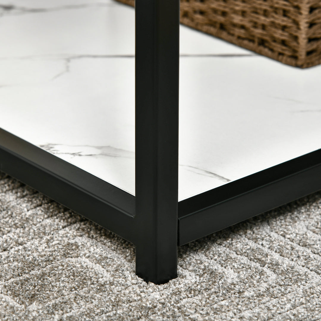 HOMCOM Modern Coffee Table with Faux Marble Top, Cocktail Table with 2-Tier Storage and Steel Frame for Living Room, White