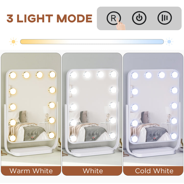 Hollywood Makeup Mirror with LED Lights, Tabletop Vanity Mirror with 12 Dimmable LED Bulbs, Memory Function and Metal Frame, White