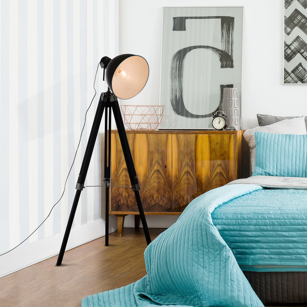 Industrial Floor Lamp for Living Room Tripod Spotlight Reading Lamp w/Wood Legs Metal Shade Adjustable Height Angle Black and White