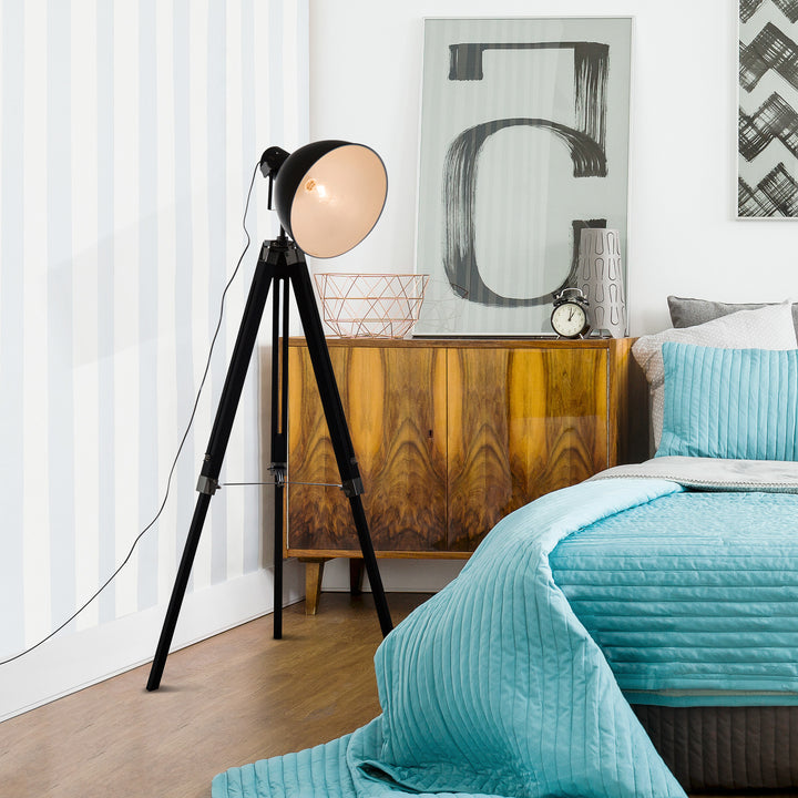 Industrial Floor Lamp for Living Room Tripod Spotlight Reading Lamp w/Wood Legs Metal Shade Adjustable Height Angle Black and White