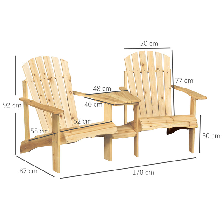 Wooden Outdoor Double Adirondack Chairs Loveseat w/ Center Table and Umbrella Hole, Garden Patio Furniture for Lounging and Relaxing, Natural