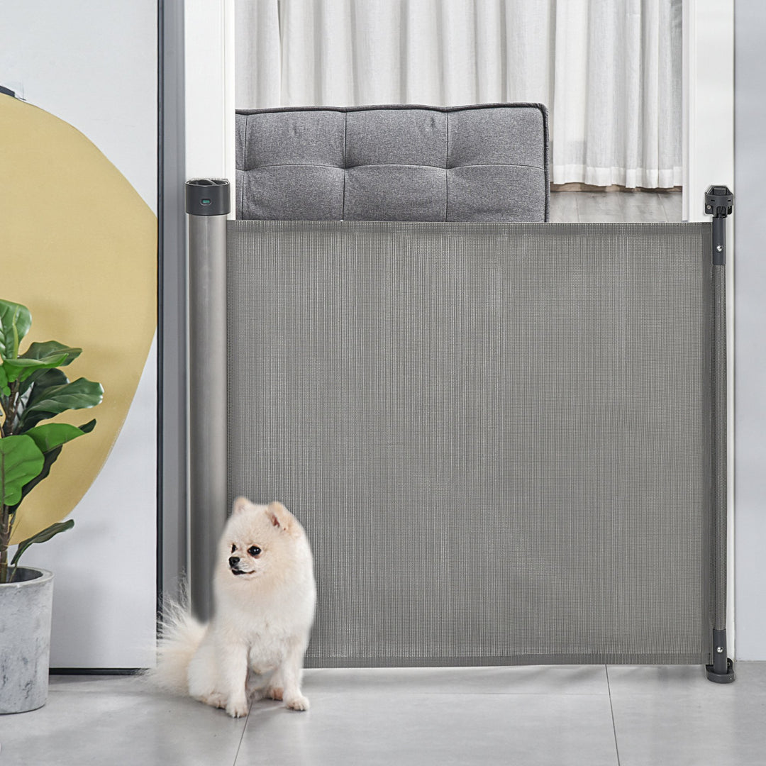 PawHut Retractable Safety Gate for Dog, Detachable Pet Barrier, Extend to 140 cm for Doorways, Hallways, Stairs, Grey