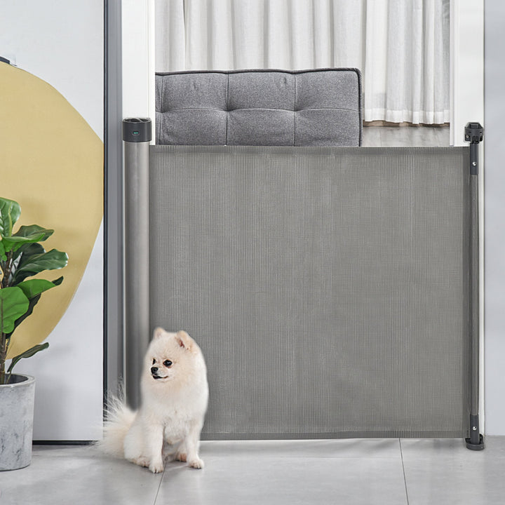PawHut Retractable Safety Gate for Dog, Detachable Pet Barrier, Extend to 140 cm for Doorways, Hallways, Stairs, Grey