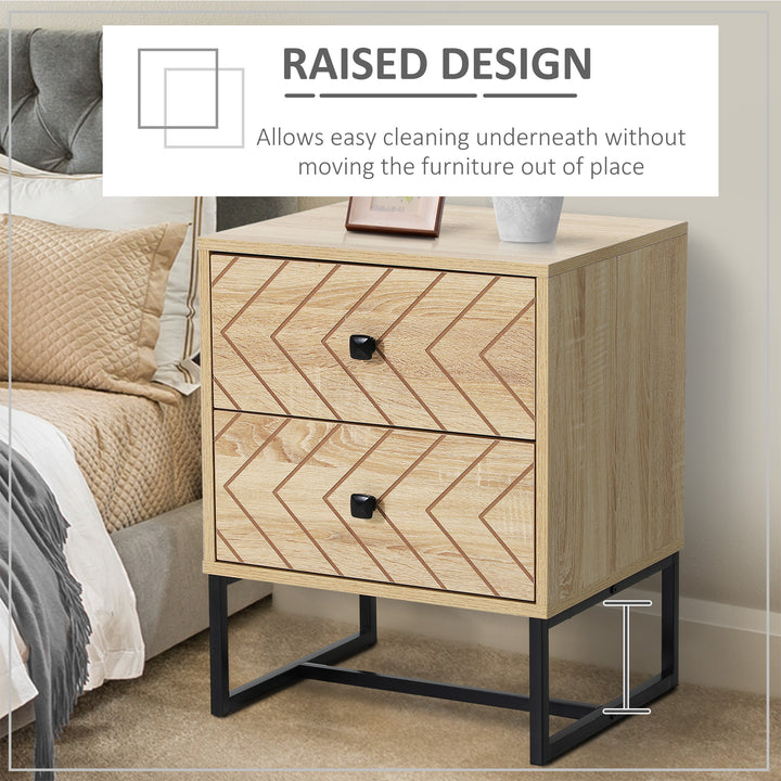 Bedside Table Nightstand Two-Draw Bedroom Storage Unit Unique Zig Zag Design w/ Black Metal Handles Melamine Finish